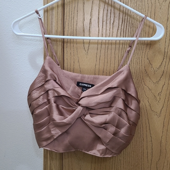 Express Tops - Express Satin Knot Front Pleated Crop Top